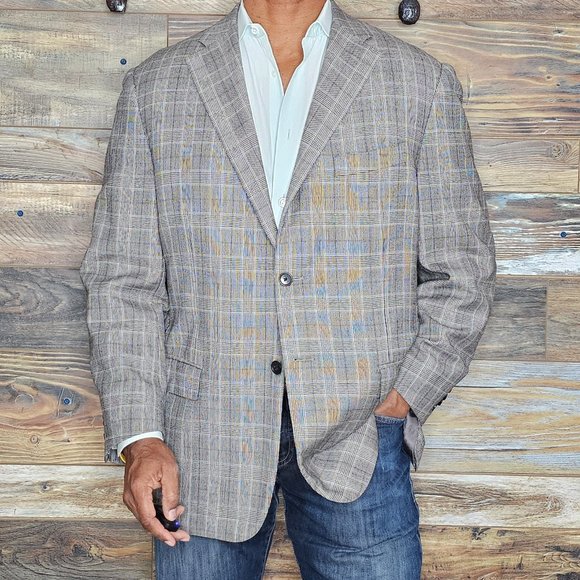Corneliani Italy 100% Wool Gray Plaid Double Vented Blazer...